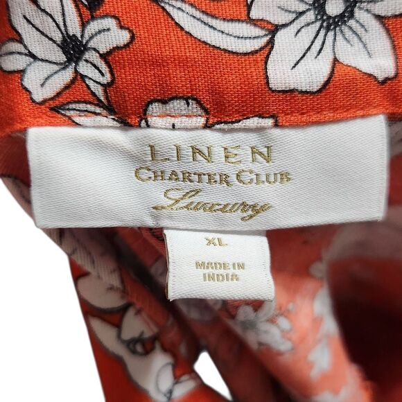 Charter Club Linen Blouse XL Orange Floral Blend Front Tie Cottagecore - Picture 7 of 10